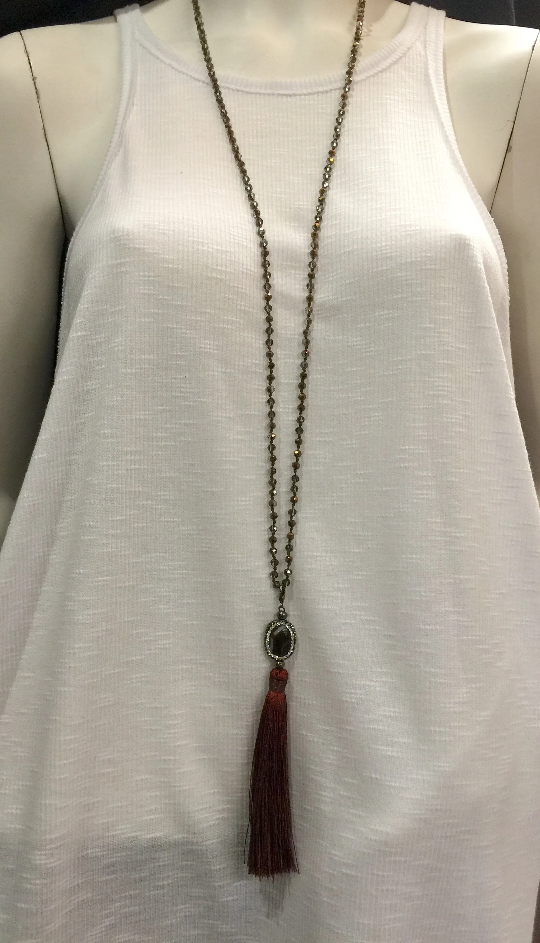 Agate and Crystal Long Tassel Necklace