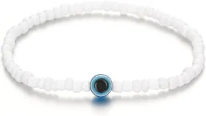Evil Eye White Beaded Anklet, White Seed Beads Resin Evil Eye Beach Anklets for Women Waterproof