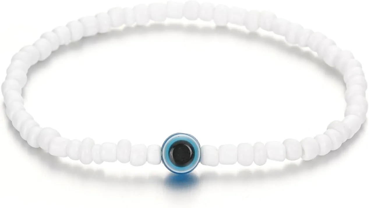 Evil Eye White Beaded Anklet, White Seed Beads Resin Evil Eye Beach Anklets for Women Waterproof