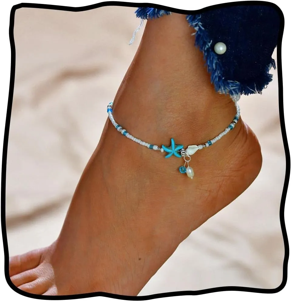JEWEKY Boho Starfish Anklets Blue Ankle Bracelets Pearl Anklet Chain Beach Foot Jewelry for Women