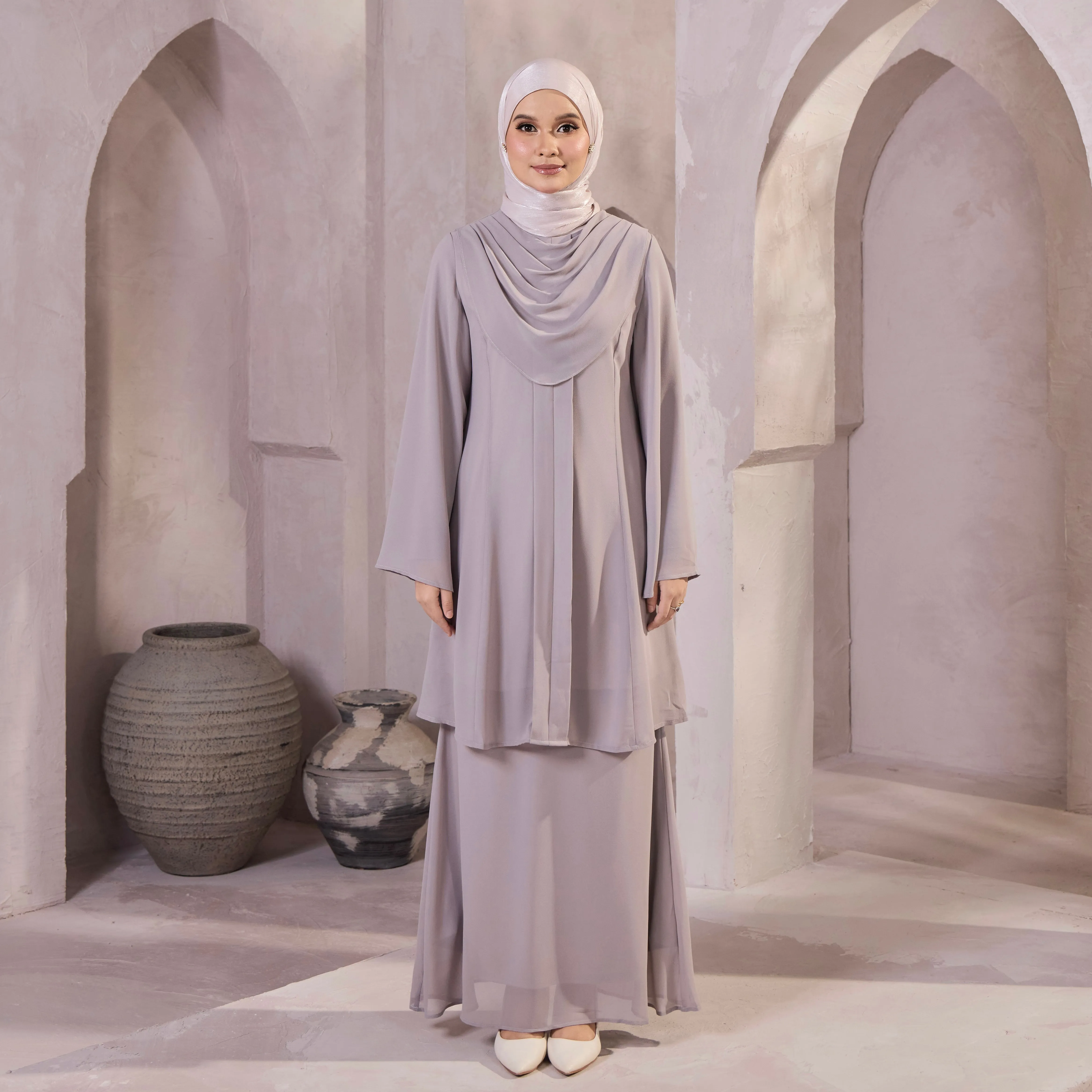 Mehra Mermaid Kurung Set - Light Grey