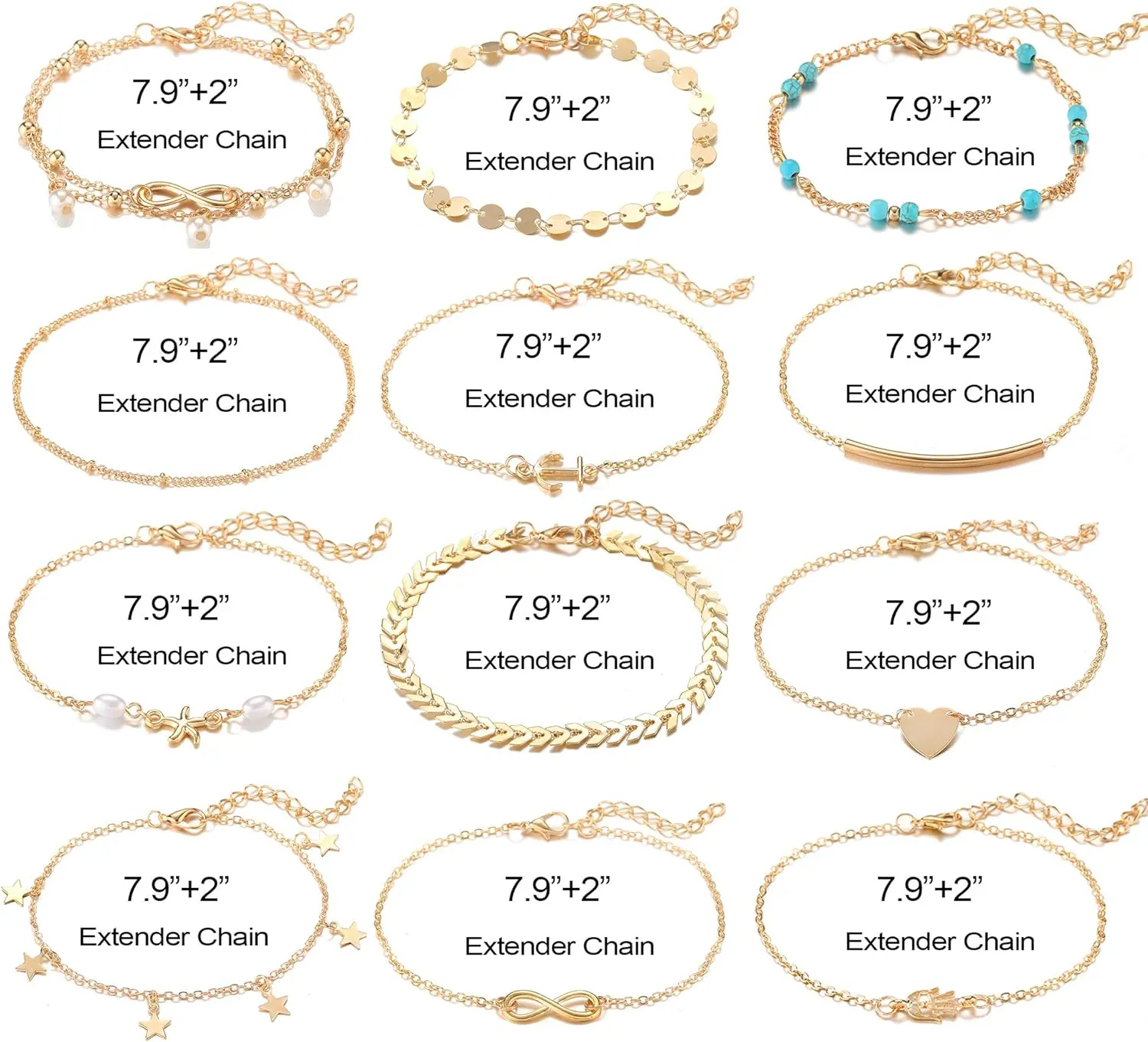 Softones 12Pcs Ankle Bracelets for Women Gold Silver Two Style Chain Beach Anklet Bracelet Jewelry Anklet Set,Adjustable Size
