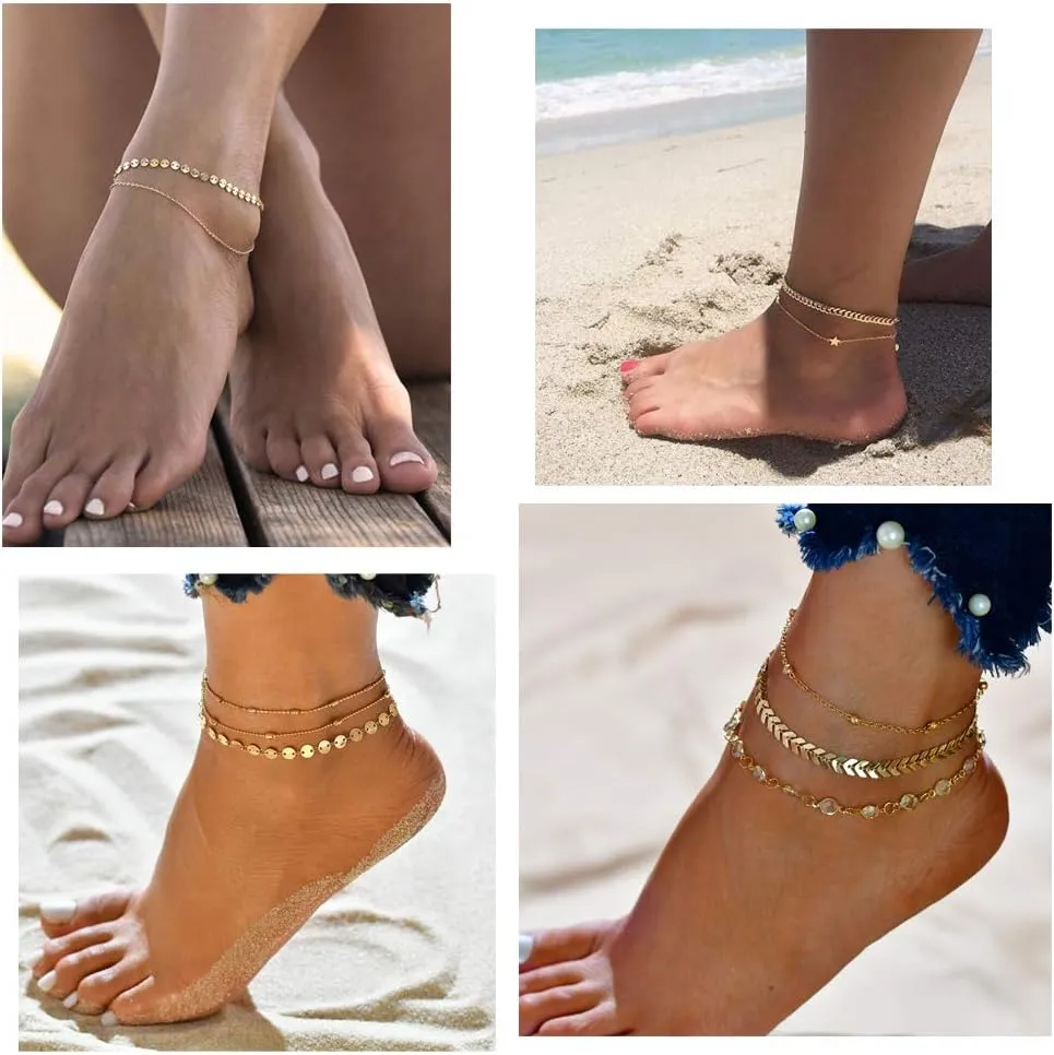 Softones 12Pcs Ankle Bracelets for Women Gold Silver Two Style Chain Beach Anklet Bracelet Jewelry Anklet Set,Adjustable Size