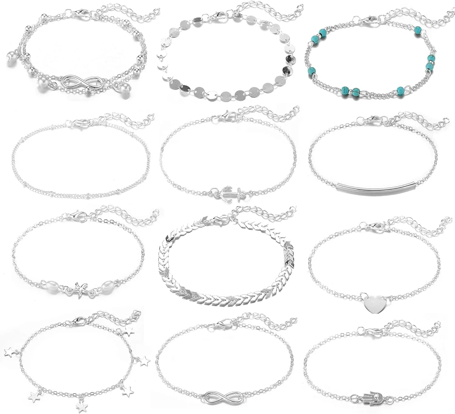 Softones 12Pcs Ankle Bracelets for Women Gold Silver Two Style Chain Beach Anklet Bracelet Jewelry Anklet Set,Adjustable Size