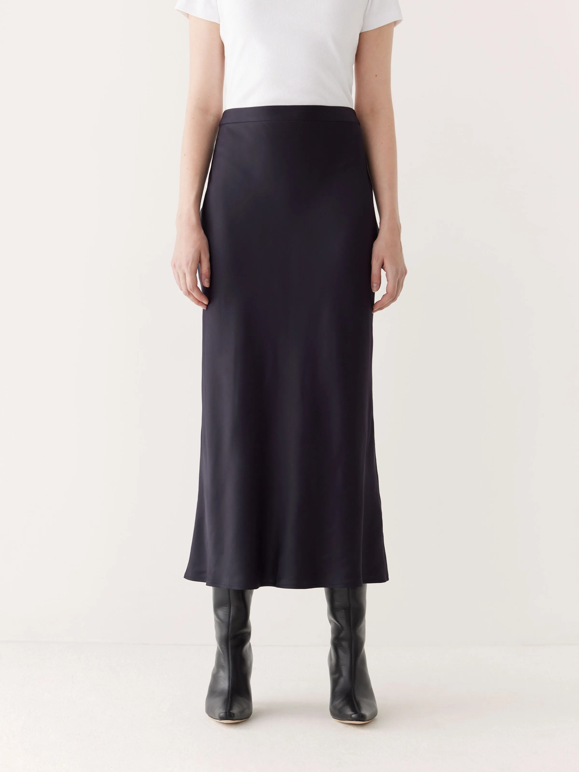 The Satin Midi Skirt in Dark Blue