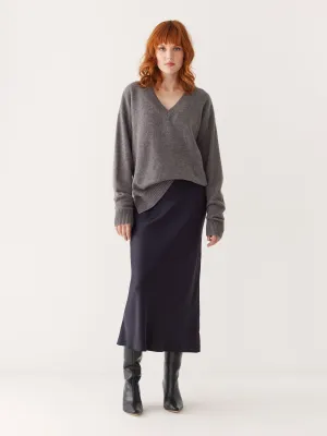 The Satin Midi Skirt in Dark Blue